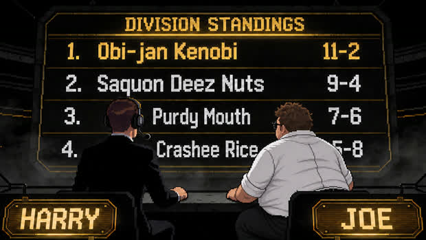 Fantasy division standings board shown in the broadcast booth